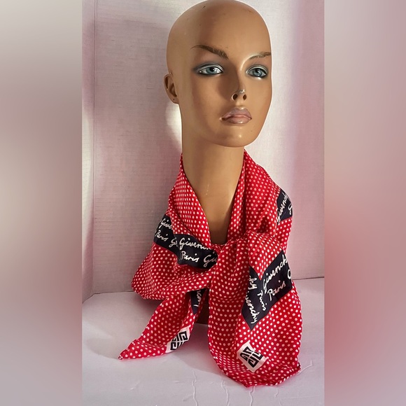 Givenchy Vintage Red Blue Silk Logo Scarf - Picture 4 of 13